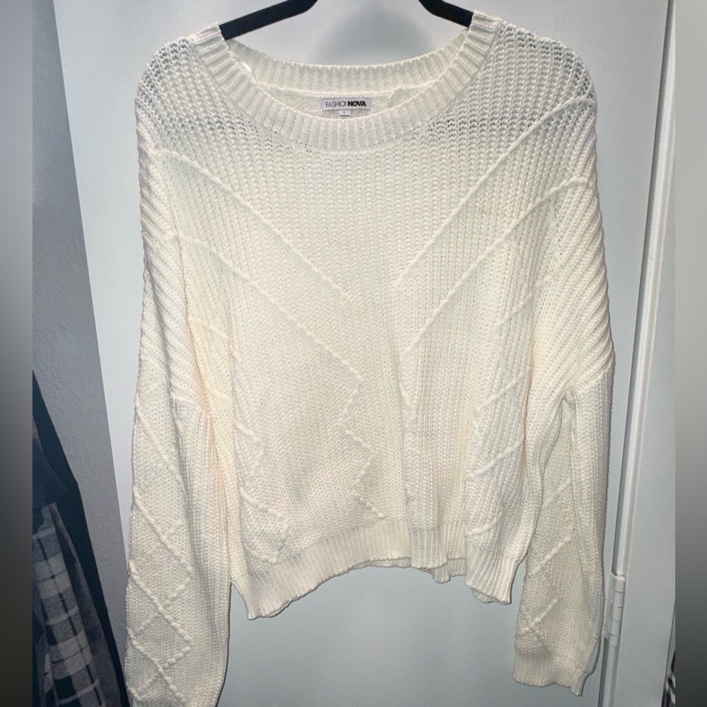 Fashion Nova Cream Cable Knit Crewneck Sweater